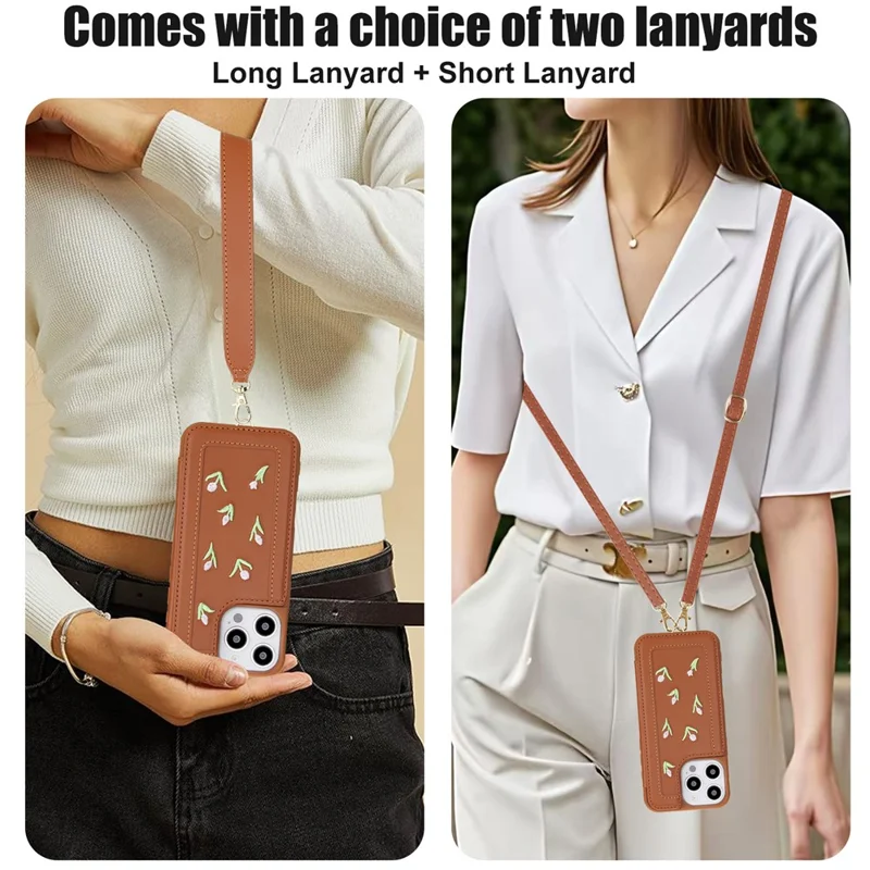 For iPhone 16 Pro Max Case Embroidered Tulips PU Leather Card Holder Back Cover with Shoulder Strap / Wrist Strap - Brown