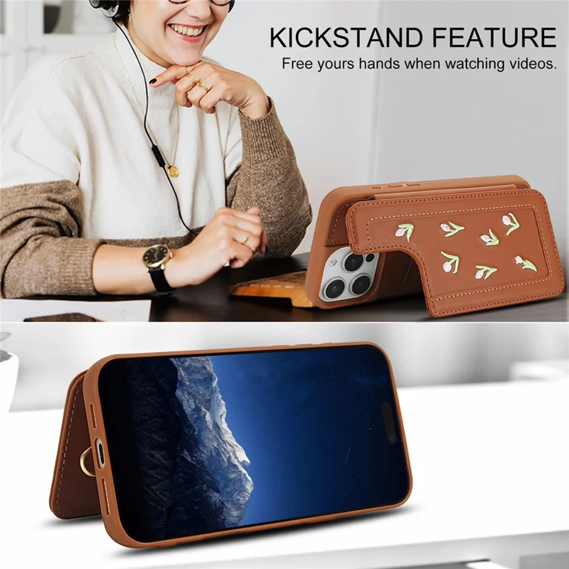 For iPhone 16 Pro Max Case Embroidered Tulips PU Leather Card Holder Back Cover with Shoulder Strap / Wrist Strap - Brown