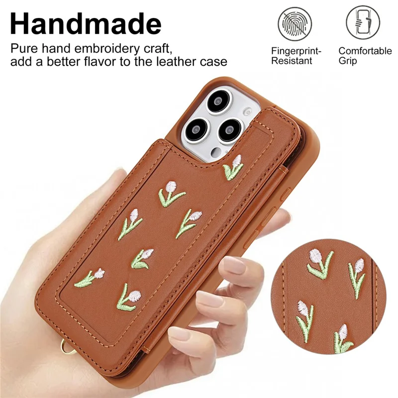 For iPhone 16 Pro Max Case Embroidered Tulips PU Leather Card Holder Back Cover with Shoulder Strap / Wrist Strap - Brown
