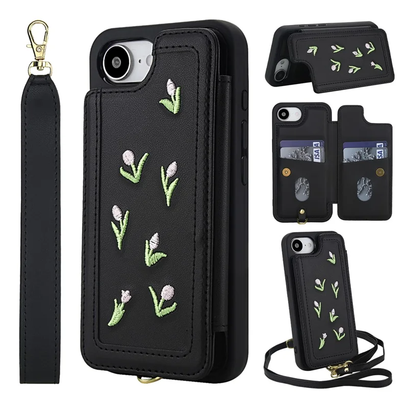 Cover per iPhone 16e con Tulipani Ricamati in Pelle PU Porta Carte, con Cinghia da Spalla / Polso - Nero