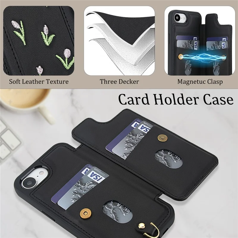 Cover per iPhone 16e con Tulipani Ricamati in Pelle PU Porta Carte, con Cinghia da Spalla / Polso - Nero