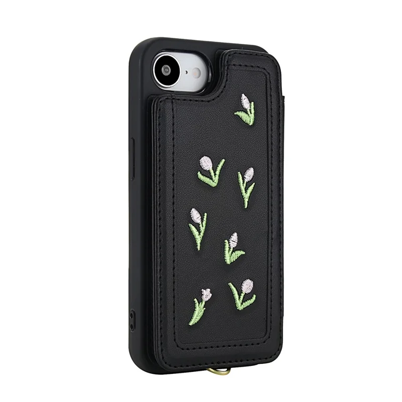 Cover per iPhone 16e con Tulipani Ricamati in Pelle PU Porta Carte, con Cinghia da Spalla / Polso - Nero