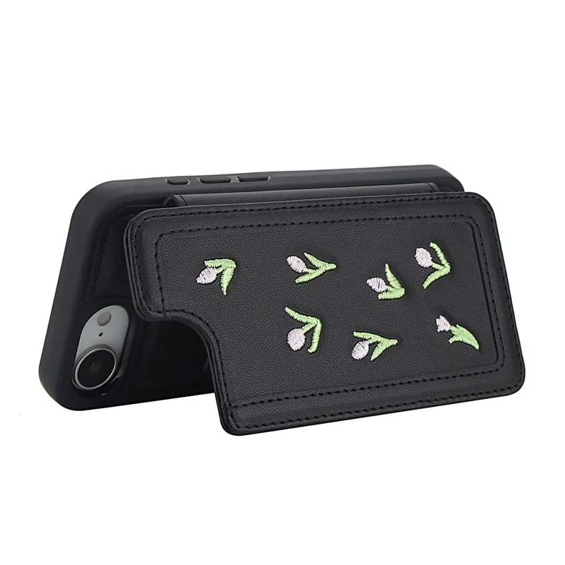 Cover per iPhone 16e con Tulipani Ricamati in Pelle PU Porta Carte, con Cinghia da Spalla / Polso - Nero