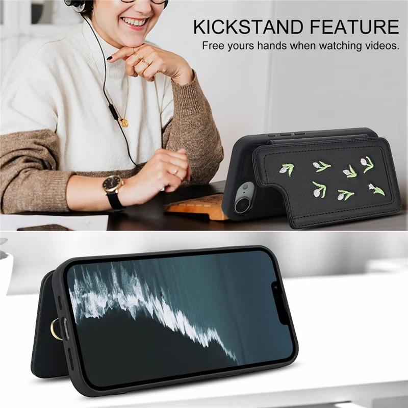 Cover per iPhone 16e con Tulipani Ricamati in Pelle PU Porta Carte, con Cinghia da Spalla / Polso - Nero