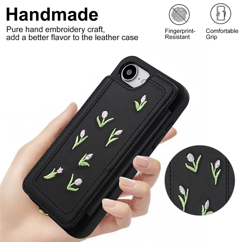 Cover per iPhone 16e con Tulipani Ricamati in Pelle PU Porta Carte, con Cinghia da Spalla / Polso - Nero