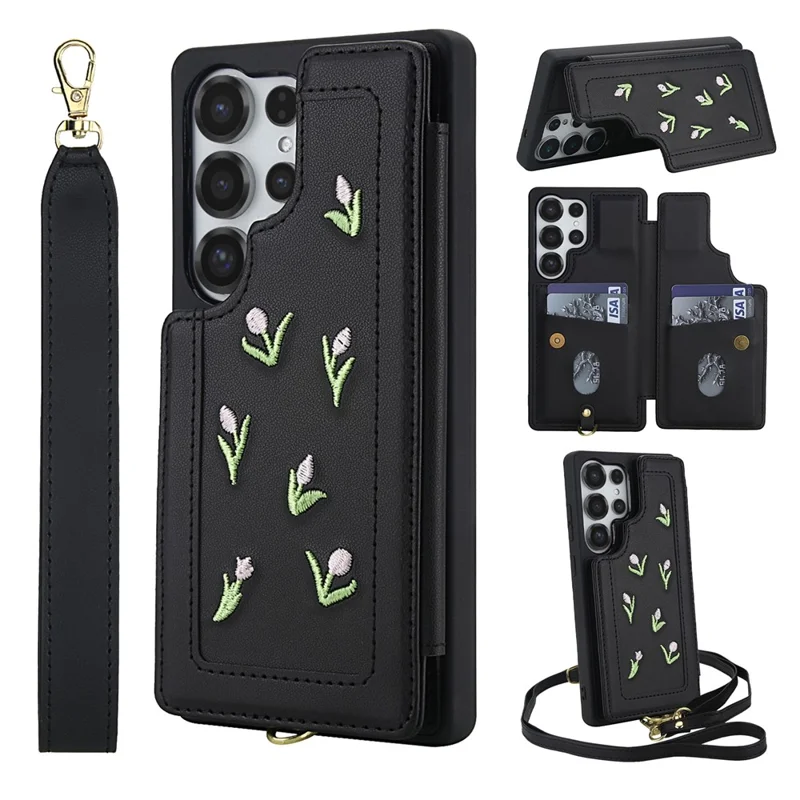 For Samsung Galaxy S25 Ultra Case Embroidered Tulips PU Leather Card Holder Back Cover with Shoulder Strap / Wrist Strap - Black