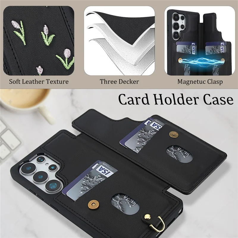 For Samsung Galaxy S25 Ultra Case Embroidered Tulips PU Leather Card Holder Back Cover with Shoulder Strap / Wrist Strap - Black