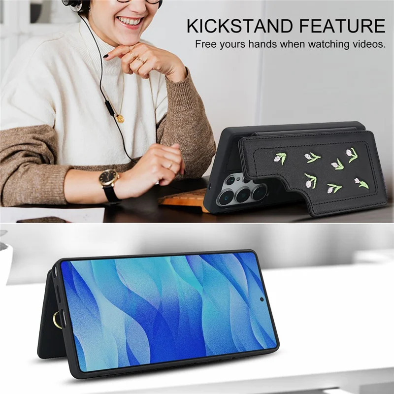For Samsung Galaxy S25 Ultra Case Embroidered Tulips PU Leather Card Holder Back Cover with Shoulder Strap / Wrist Strap - Black