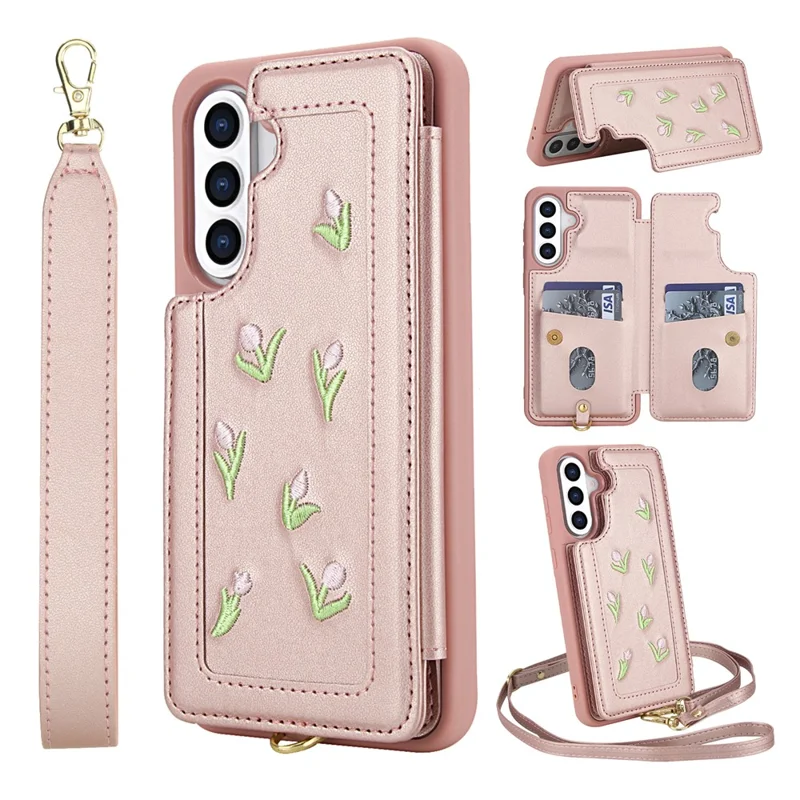 For Samsung Galaxy A35 5G Case Embroidered Tulips PU Leather Card Holder Back Cover with Shoulder Strap / Wrist Strap - Pink
