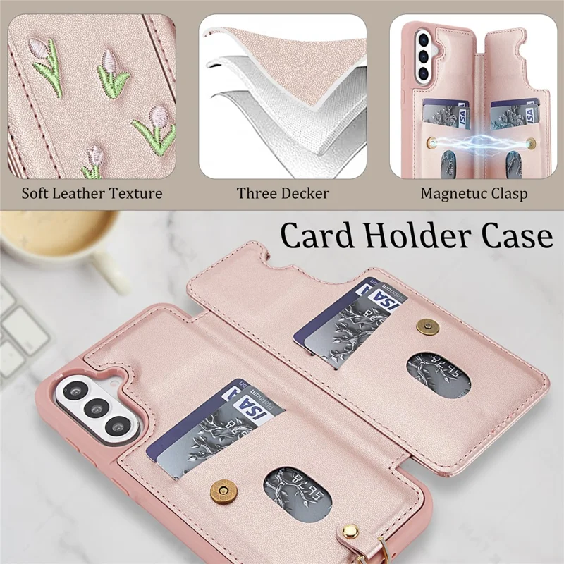 For Samsung Galaxy A35 5G Case Embroidered Tulips PU Leather Card Holder Back Cover with Shoulder Strap / Wrist Strap - Pink