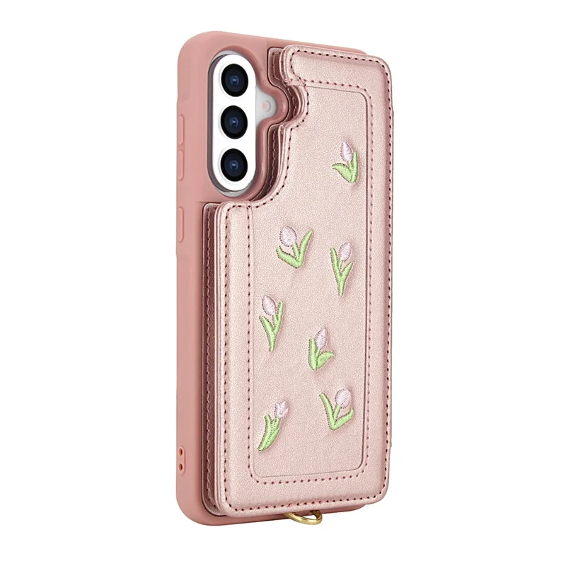 For Samsung Galaxy A35 5G Case Embroidered Tulips PU Leather Card Holder Back Cover with Shoulder Strap / Wrist Strap - Pink