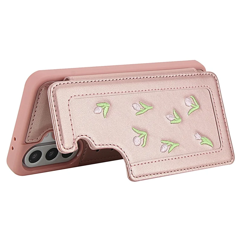 For Samsung Galaxy A35 5G Case Embroidered Tulips PU Leather Card Holder Back Cover with Shoulder Strap / Wrist Strap - Pink