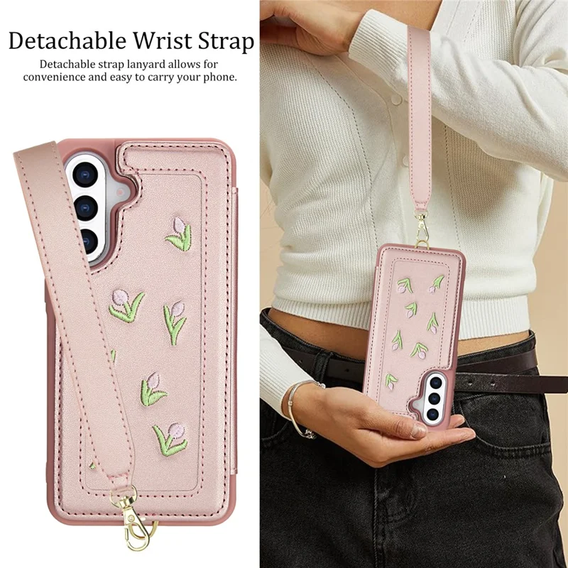 For Samsung Galaxy A35 5G Case Embroidered Tulips PU Leather Card Holder Back Cover with Shoulder Strap / Wrist Strap - Pink