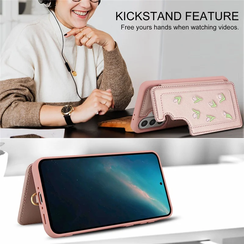 For Samsung Galaxy A35 5G Case Embroidered Tulips PU Leather Card Holder Back Cover with Shoulder Strap / Wrist Strap - Pink