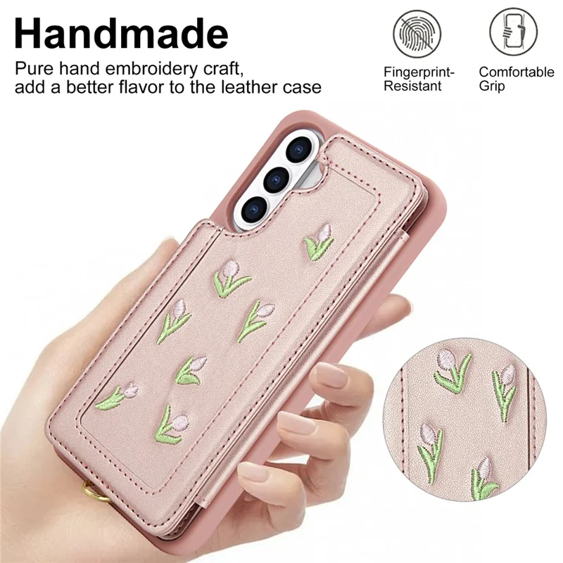 For Samsung Galaxy A35 5G Case Embroidered Tulips PU Leather Card Holder Back Cover with Shoulder Strap / Wrist Strap - Pink