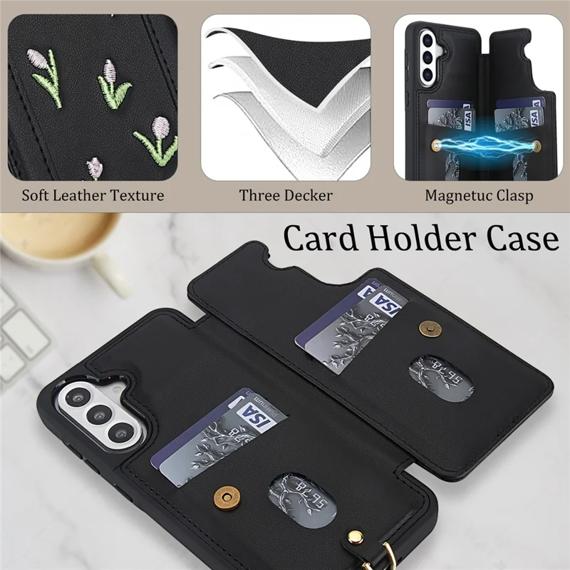 For Samsung Galaxy A55 5G Case Embroidered Tulips PU Leather Card Holder Back Cover with Shoulder Strap / Wrist Strap - Black