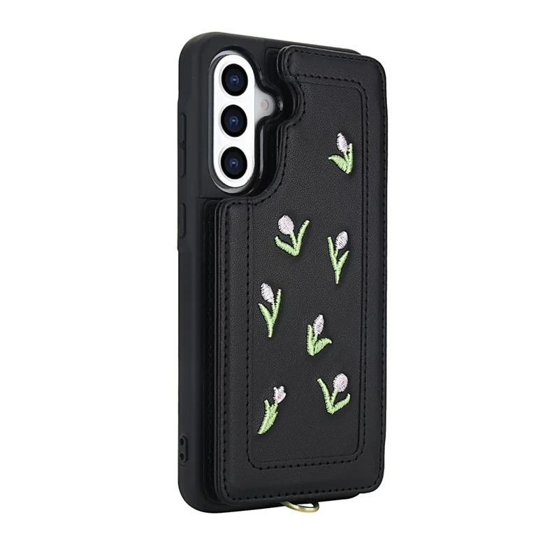 For Samsung Galaxy A55 5G Case Embroidered Tulips PU Leather Card Holder Back Cover with Shoulder Strap / Wrist Strap - Black