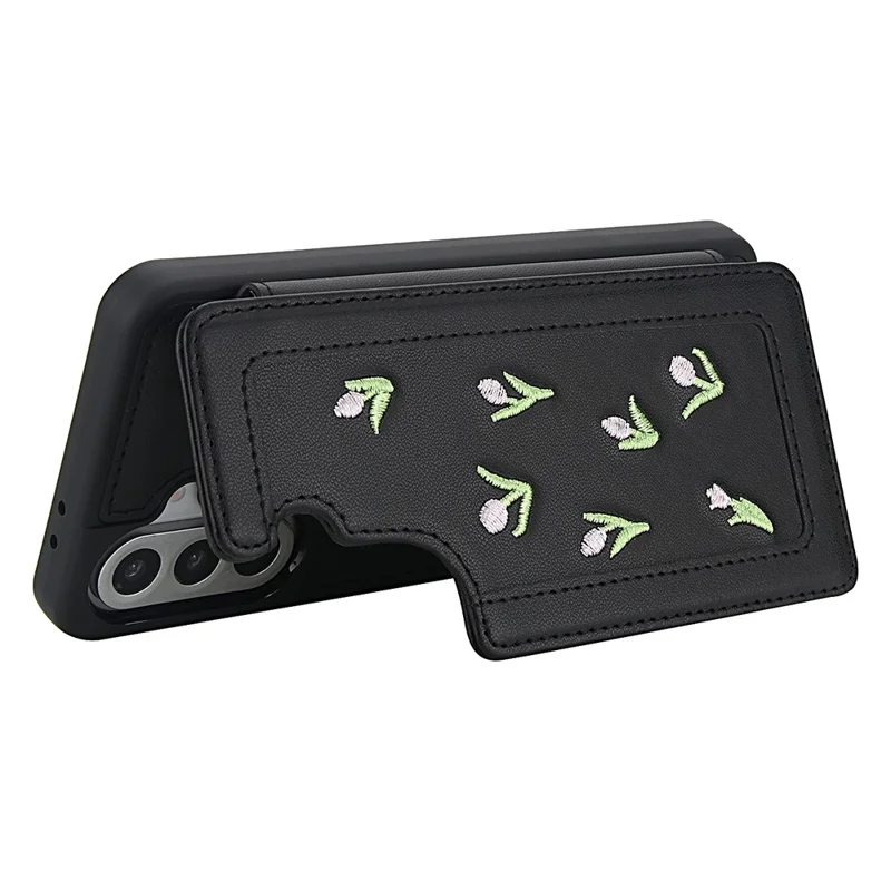 For Samsung Galaxy A55 5G Case Embroidered Tulips PU Leather Card Holder Back Cover with Shoulder Strap / Wrist Strap - Black