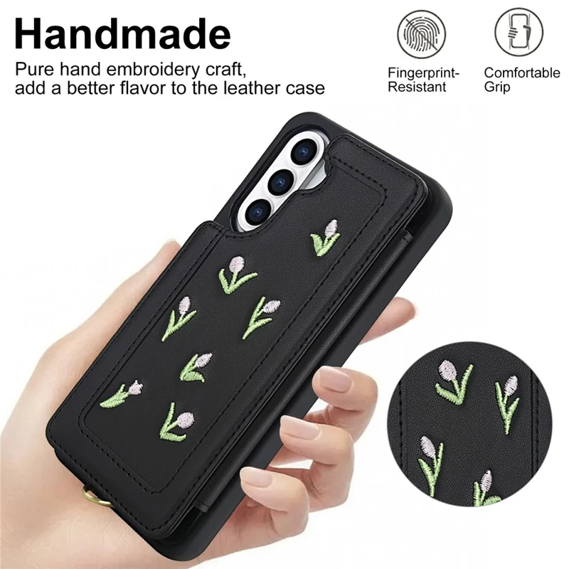 For Samsung Galaxy A55 5G Case Embroidered Tulips PU Leather Card Holder Back Cover with Shoulder Strap / Wrist Strap - Black