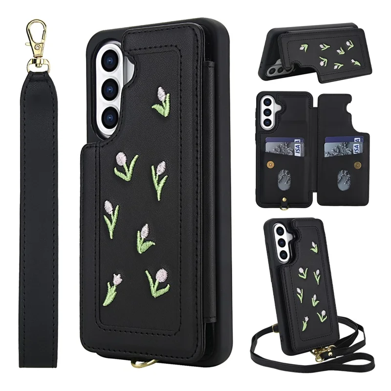 For Samsung Galaxy S24 FE Case Embroidered Tulips PU Leather Card Holder Back Cover with Shoulder Strap / Wrist Strap - Black