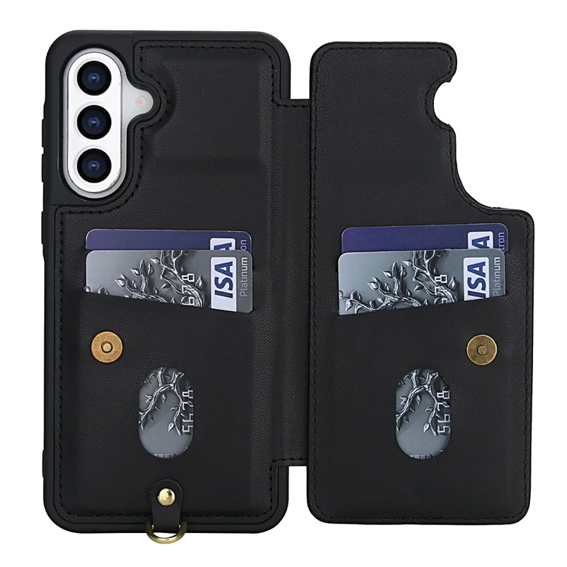 For Samsung Galaxy S24 FE Case Embroidered Tulips PU Leather Card Holder Back Cover with Shoulder Strap / Wrist Strap - Black