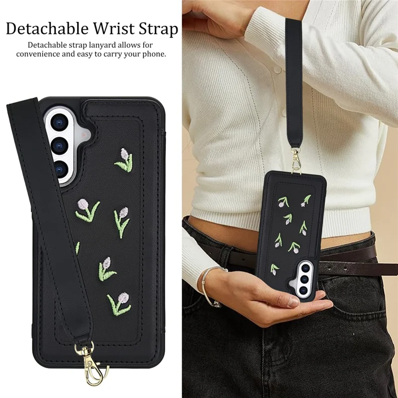 For Samsung Galaxy S24 FE Case Embroidered Tulips PU Leather Card Holder Back Cover with Shoulder Strap / Wrist Strap - Black