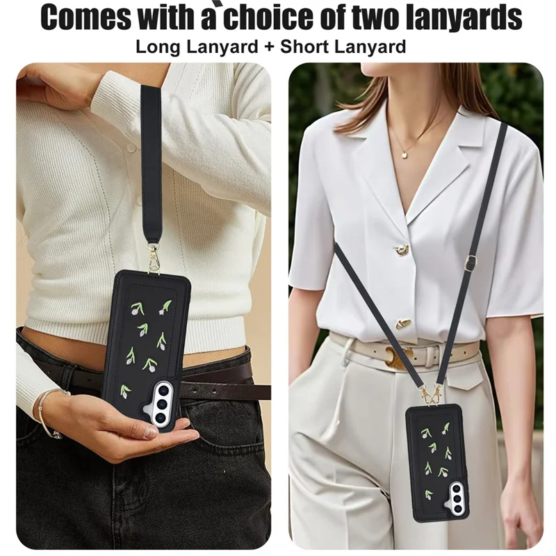 For Samsung Galaxy S24 FE Case Embroidered Tulips PU Leather Card Holder Back Cover with Shoulder Strap / Wrist Strap - Black