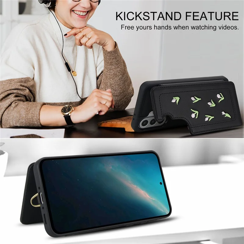 For Samsung Galaxy S24 FE Case Embroidered Tulips PU Leather Card Holder Back Cover with Shoulder Strap / Wrist Strap - Black