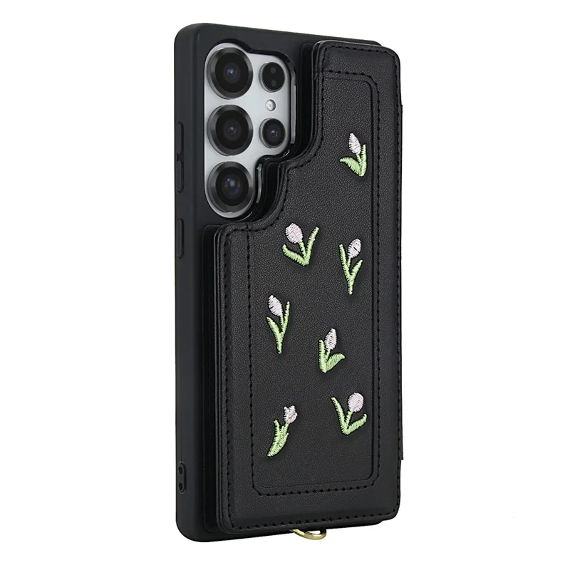 Für Samsung Galaxy S24 Ultra Hülle Bestickte Tulpen PU-Leder Kartenfach Rückseite mit Schulterriemen / Handgelenkband - Schwarz