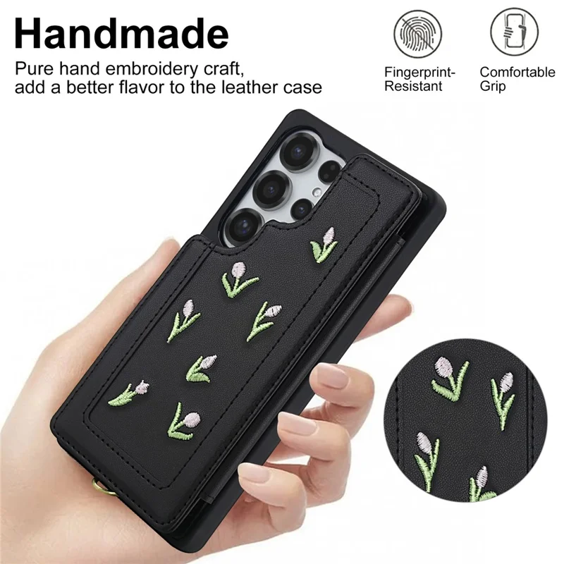 Für Samsung Galaxy S24 Ultra Hülle Bestickte Tulpen PU-Leder Kartenfach Rückseite mit Schulterriemen / Handgelenkband - Schwarz