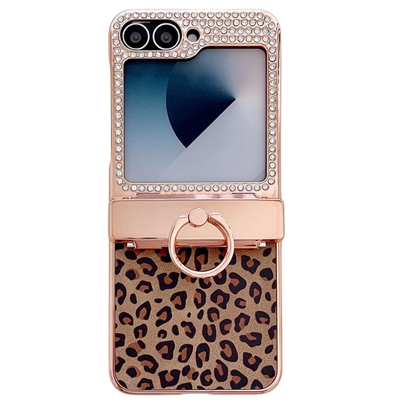 Cover per Samsung Galaxy Z Flip7 FE 5G / Z Flip6 5G con Supporto ad Anello Motivo Leopardato e Strass - Oro