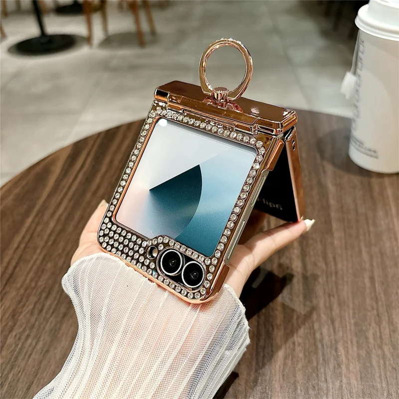 Cover per Samsung Galaxy Z Flip7 FE 5G / Z Flip6 5G con Supporto ad Anello Motivo Leopardato e Strass - Oro