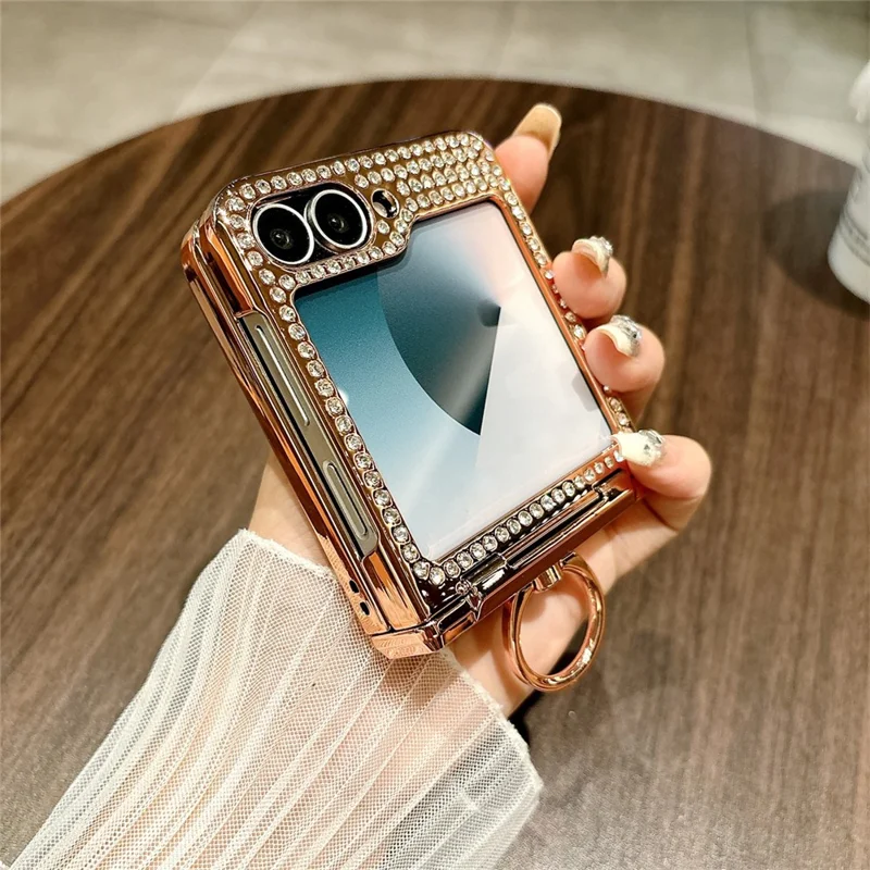 Cover per Samsung Galaxy Z Flip7 FE 5G / Z Flip6 5G con Supporto ad Anello Motivo Leopardato e Strass - Oro
