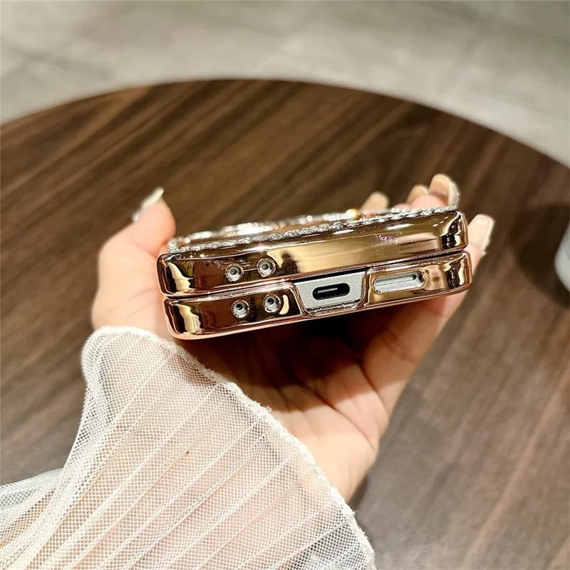 Cover per Samsung Galaxy Z Flip7 FE 5G / Z Flip6 5G con Supporto ad Anello Motivo Leopardato e Strass - Oro