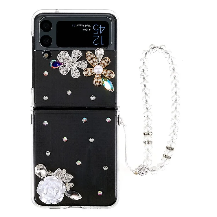 Pour Samsung Galaxy Z Flip4 5G White Camellia Rhinestone Design Glitter Sparkly Cover Hard PC Anti-scratch Phone Case avec Bracelet Strap