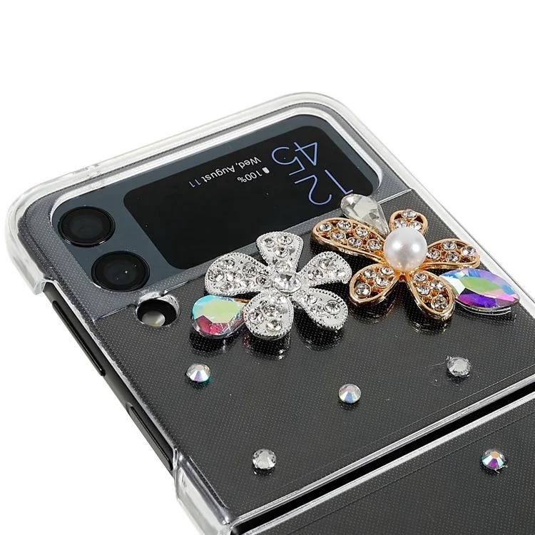 Pour Samsung Galaxy Z Flip4 5G White Camellia Rhinestone Design Glitter Sparkly Cover Hard PC Anti-scratch Phone Case avec Bracelet Strap