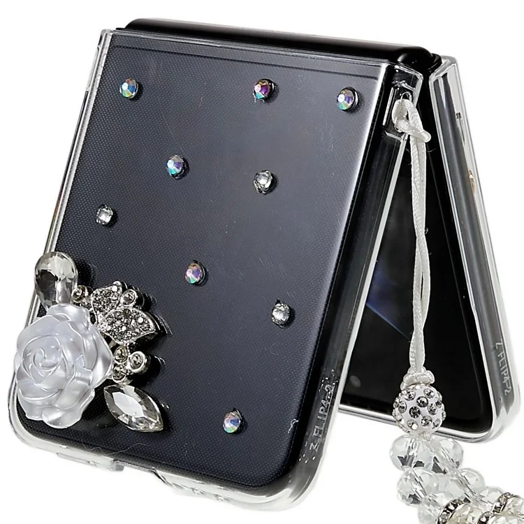 Pour Samsung Galaxy Z Flip4 5G White Camellia Rhinestone Design Glitter Sparkly Cover Hard PC Anti-scratch Phone Case avec Bracelet Strap