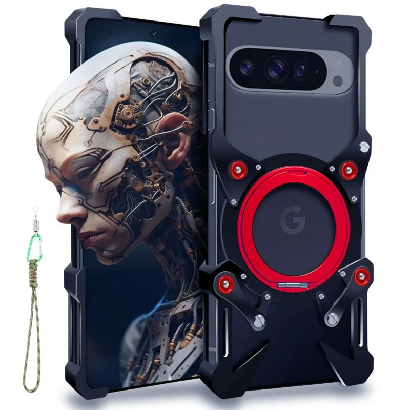 Capa de Proteção com Suporte para Google Pixel 10 Pro XL / 9 Pro XL / 8 Pro / 7 Pro - Capa de Telefone Magnética em Liga de Alumínio com Alça de Pulso - Preto