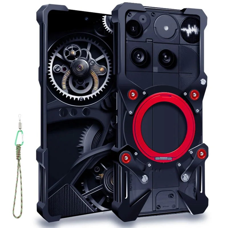 Funda protectora con soporte para teléfono Nothing Phone (3) 5G, de aleación de aluminio magnética con correa de muñeca - Negro