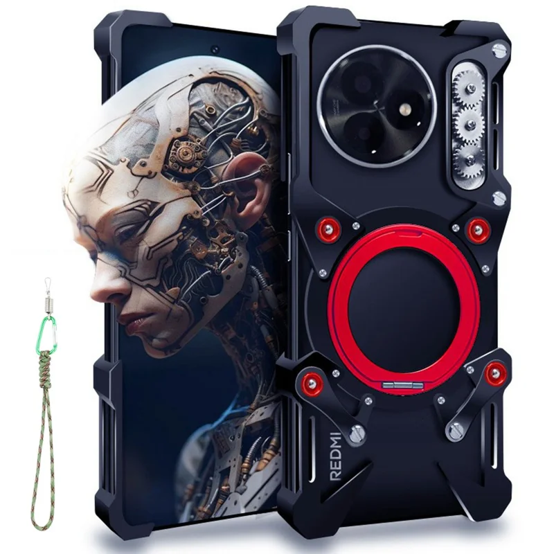 For Xiaomi Redmi K80 Ultra 5G Bumper Case Kickstand Aluminum Alloy Magnetic Phone Cover with Wrist Strap - Black