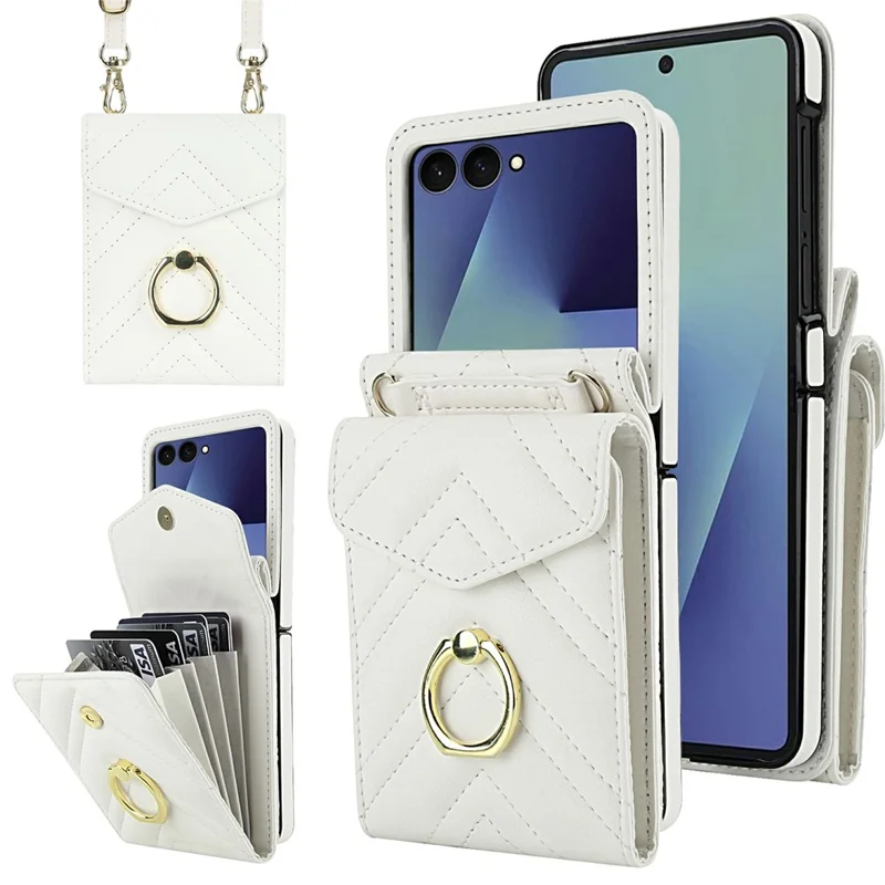 For Samsung Galaxy Z Flip7 5G Case RFID Blocking PU Leather + TPU Phone Cover with Shoulder Strap - White