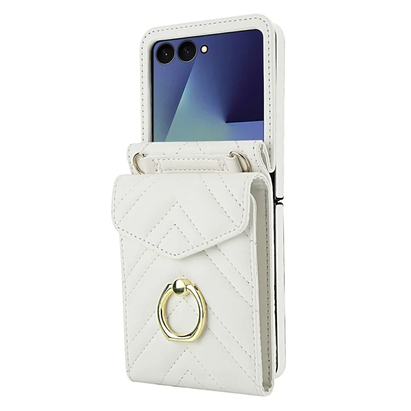 For Samsung Galaxy Z Flip7 5G Case RFID Blocking PU Leather + TPU Phone Cover with Shoulder Strap - White