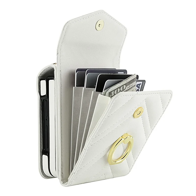 For Samsung Galaxy Z Flip7 5G Case RFID Blocking PU Leather + TPU Phone Cover with Shoulder Strap - White