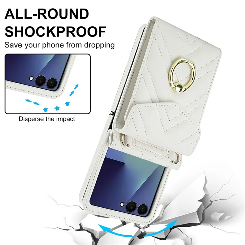 For Samsung Galaxy Z Flip7 5G Case RFID Blocking PU Leather + TPU Phone Cover with Shoulder Strap - White