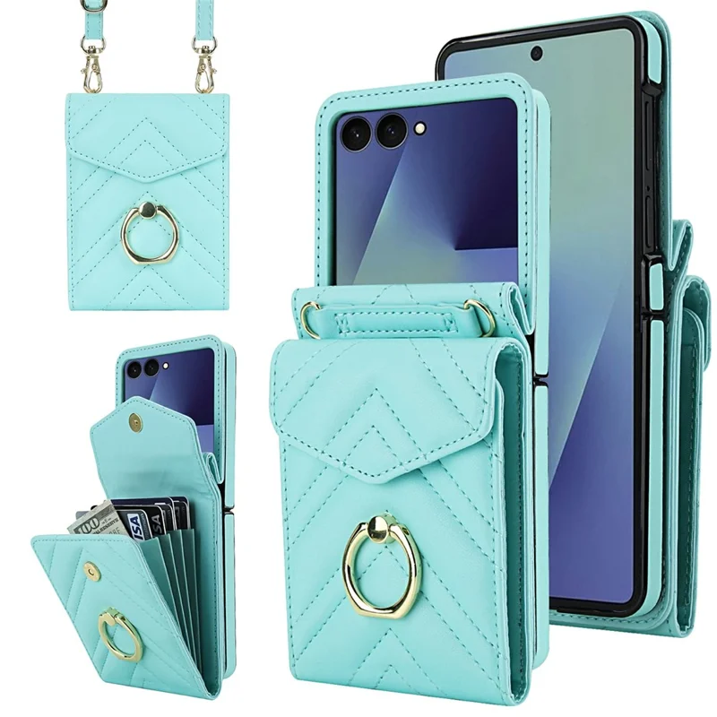 For Samsung Galaxy Z Flip7 5G Case RFID Blocking PU Leather + TPU Phone Cover with Shoulder Strap - Mint Green
