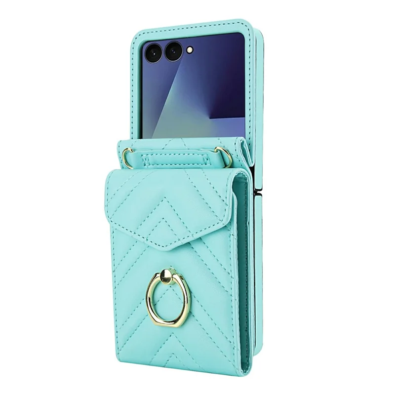 For Samsung Galaxy Z Flip7 5G Case RFID Blocking PU Leather + TPU Phone Cover with Shoulder Strap - Mint Green