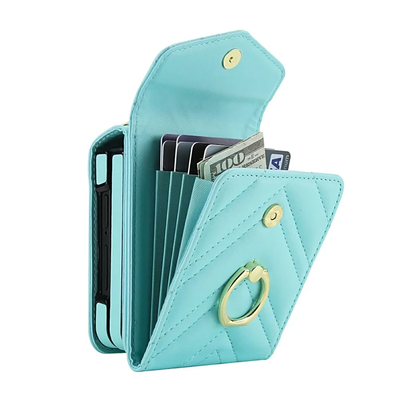 For Samsung Galaxy Z Flip7 5G Case RFID Blocking PU Leather + TPU Phone Cover with Shoulder Strap - Mint Green