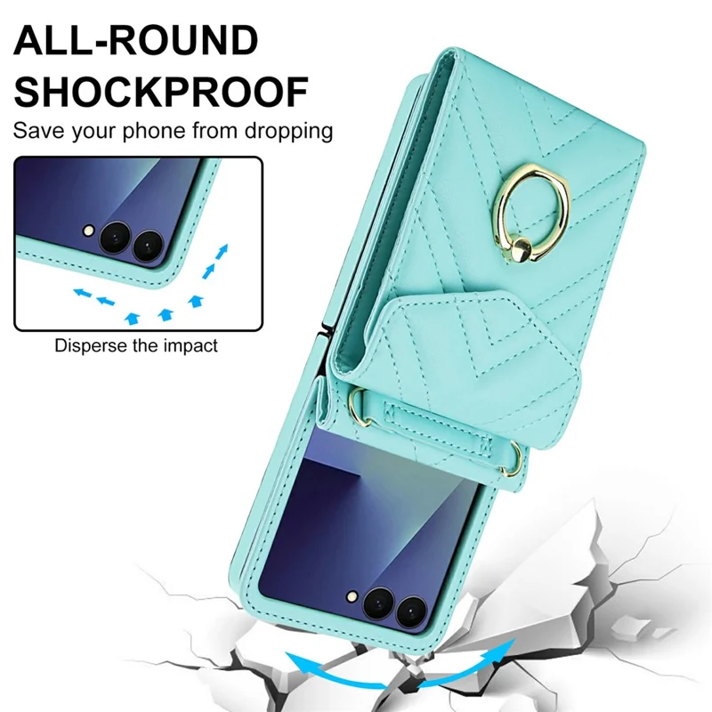 For Samsung Galaxy Z Flip7 5G Case RFID Blocking PU Leather + TPU Phone Cover with Shoulder Strap - Mint Green