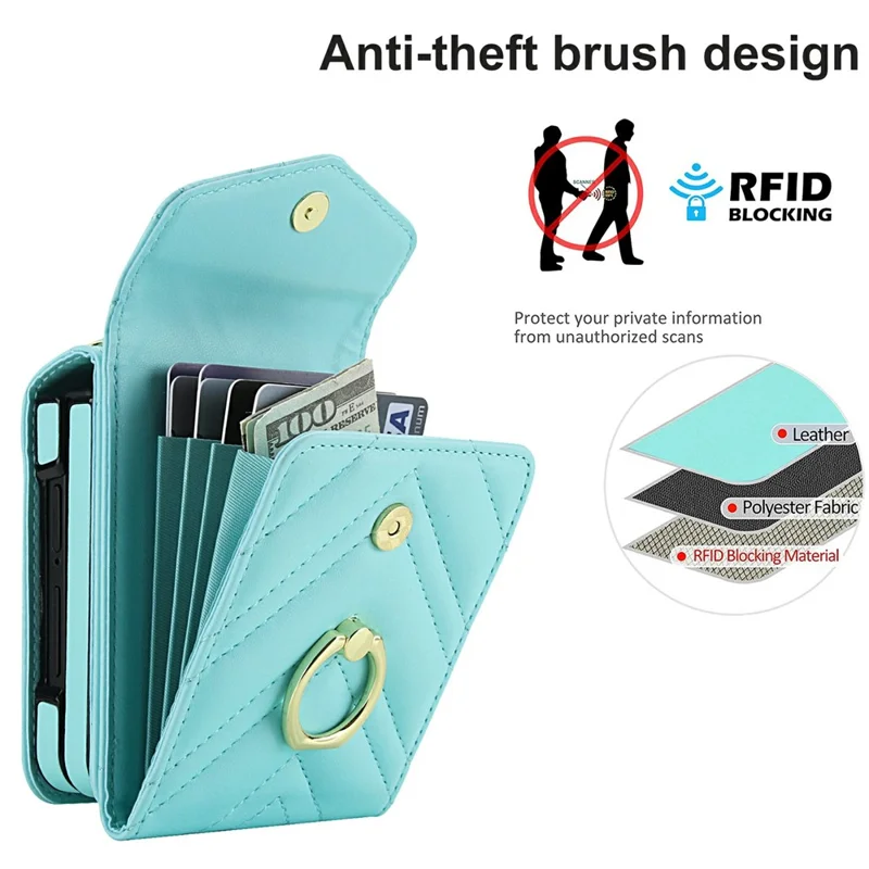For Samsung Galaxy Z Flip7 5G Case RFID Blocking PU Leather + TPU Phone Cover with Shoulder Strap - Mint Green