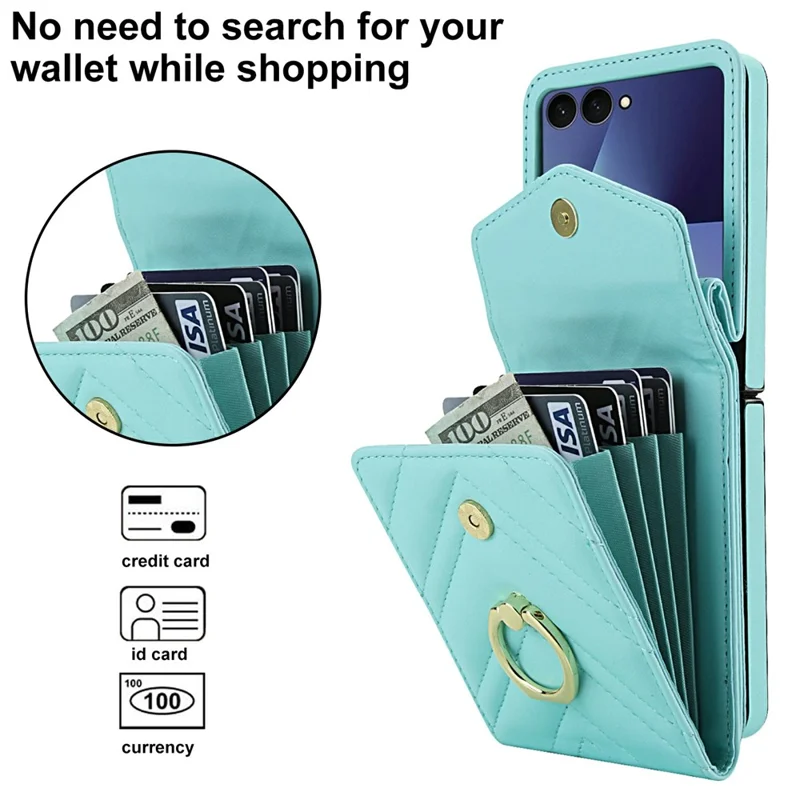 For Samsung Galaxy Z Flip7 5G Case RFID Blocking PU Leather + TPU Phone Cover with Shoulder Strap - Mint Green